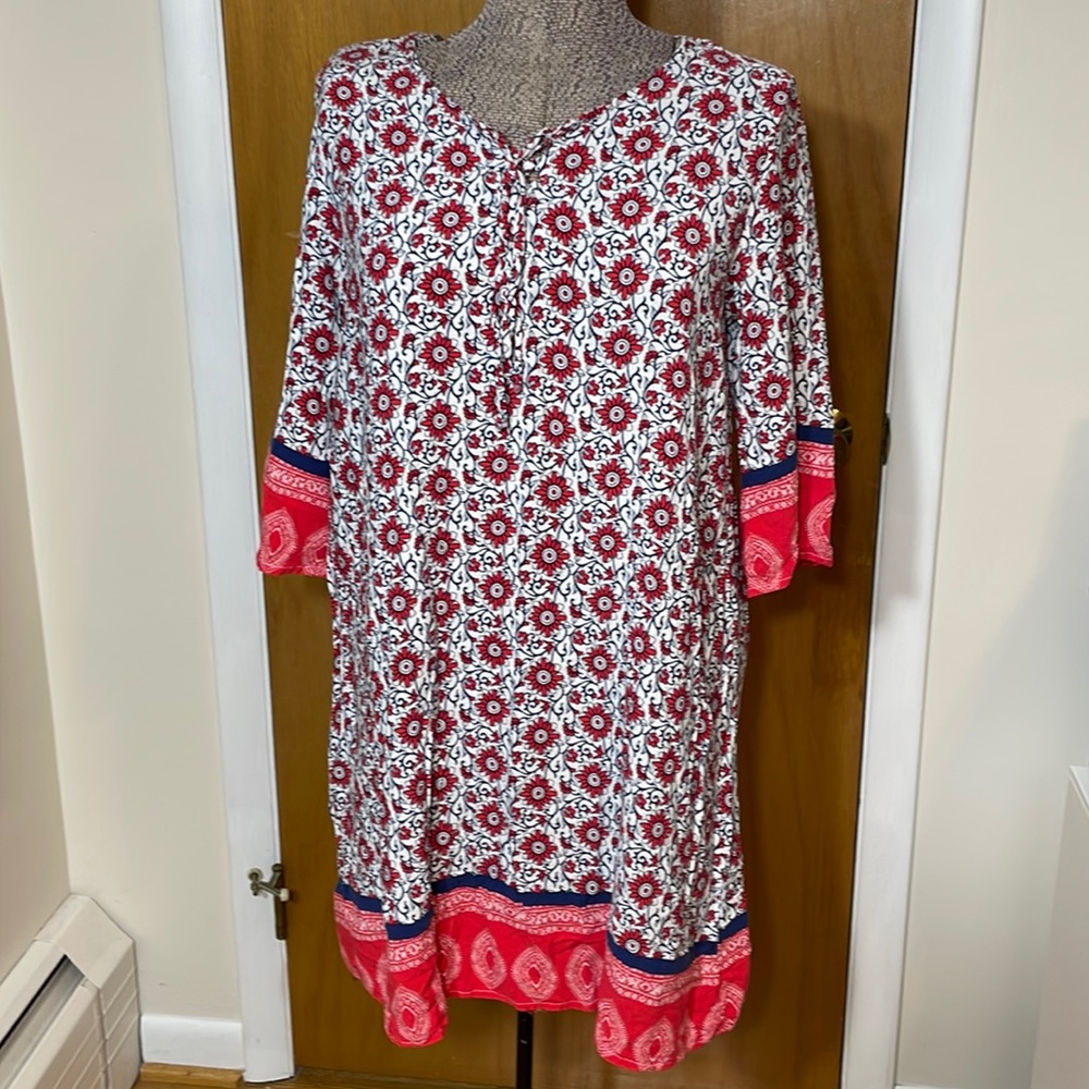 Espresso Womens XL Dress 1/2 Sleeves Floral Red White Blue Design